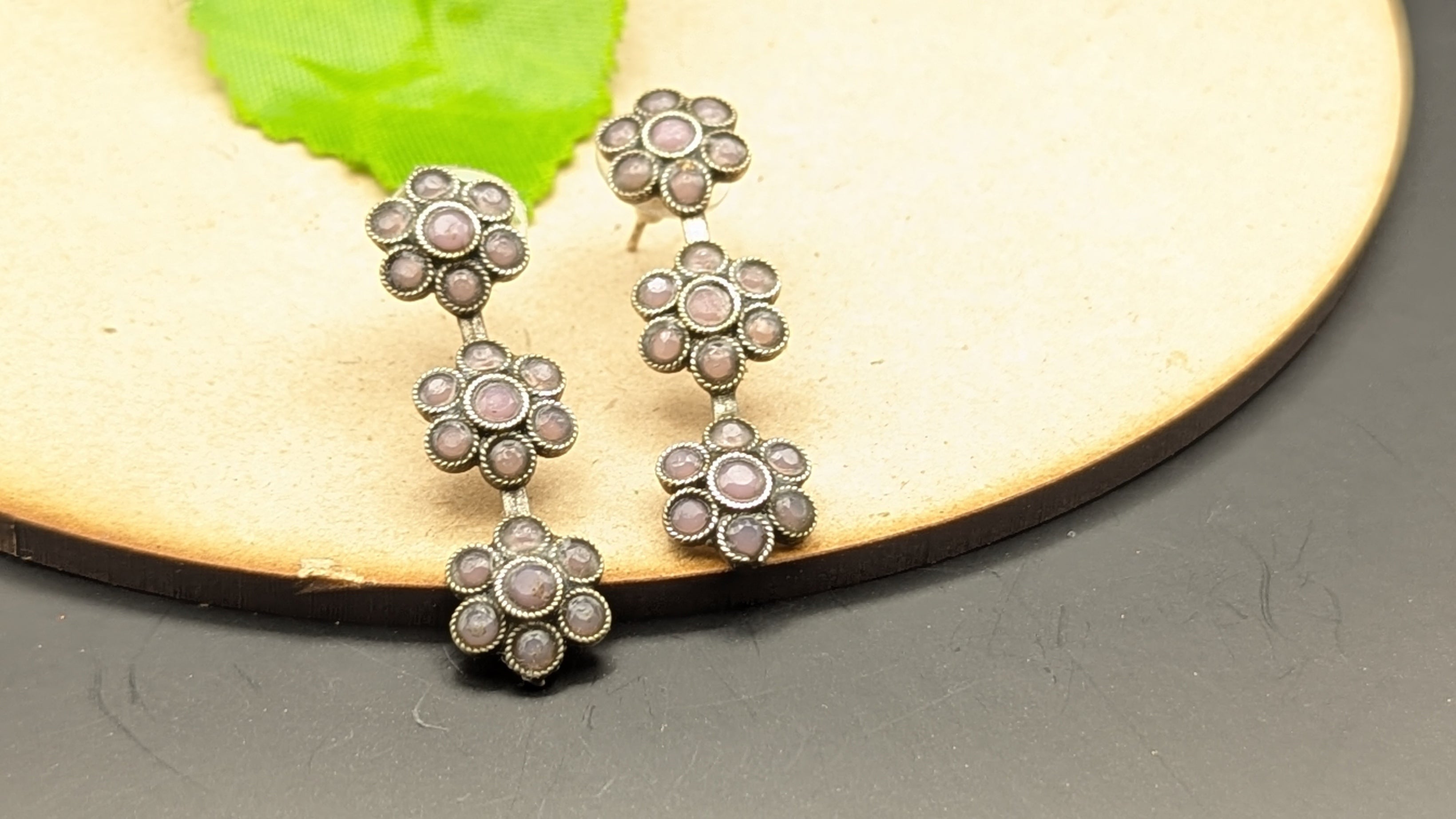 Silver Oxidized Triple Flower Pink Stone Studded Long Earrings